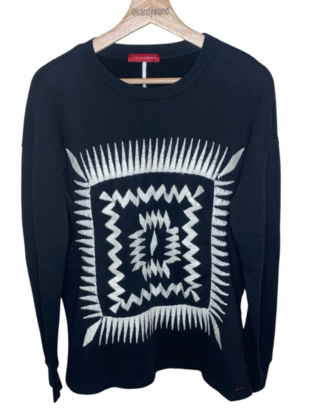 PHILANTHROPY Black Crewneck Sweater White Geometric Embroidered Design